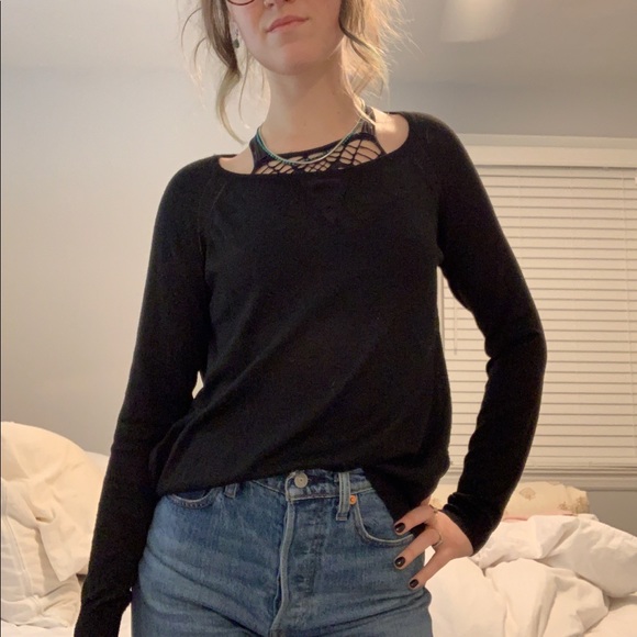 Black Sweater Long Sleeved Shirt with Silky Back - Picture 1 of 4